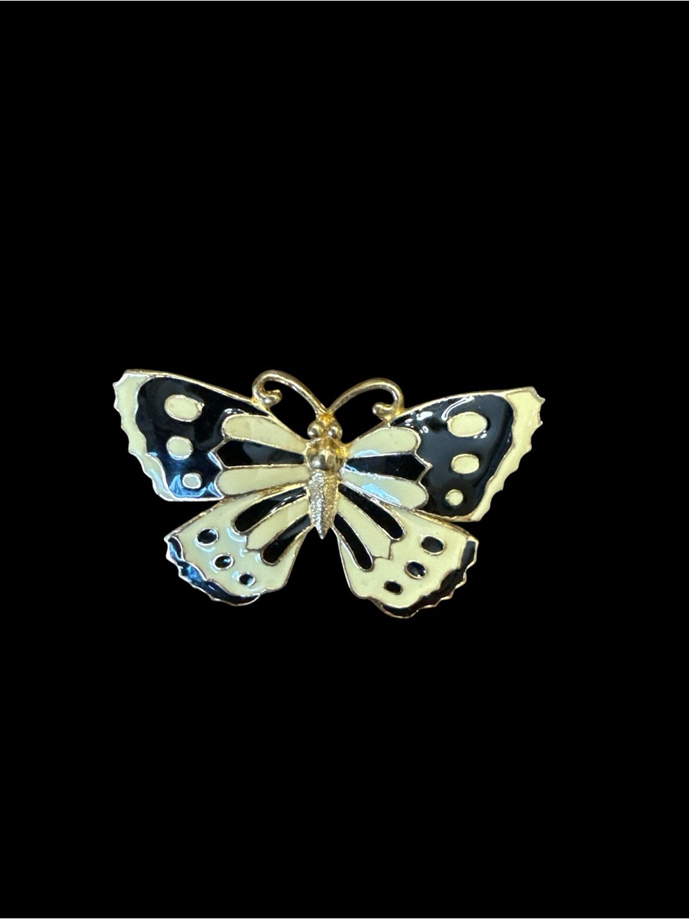 Vintage Gold Enamel Butterfly Brooch Pin Black & Cream
